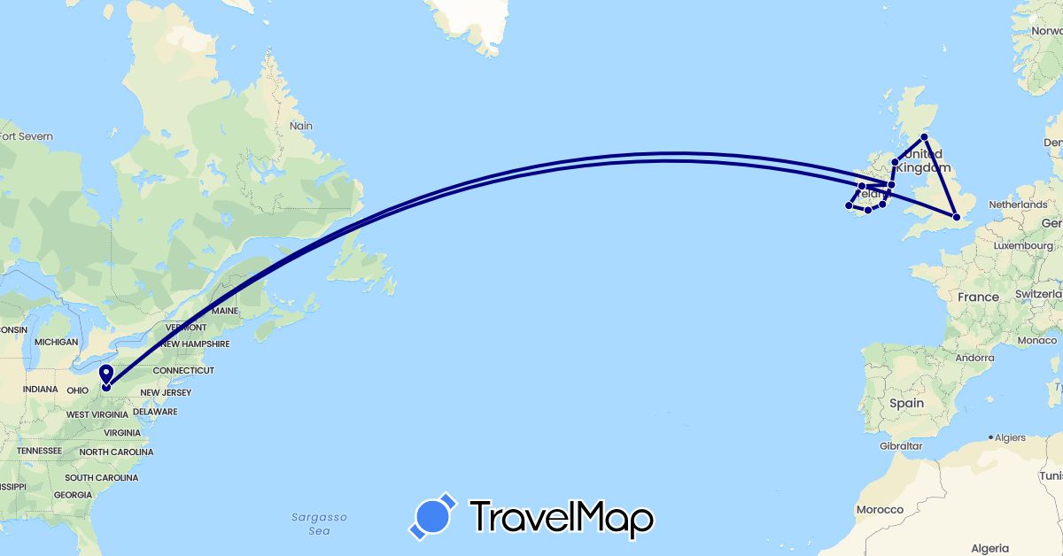 TravelMap itinerary: driving in United Kingdom, Ireland, United States (Europe, North America)